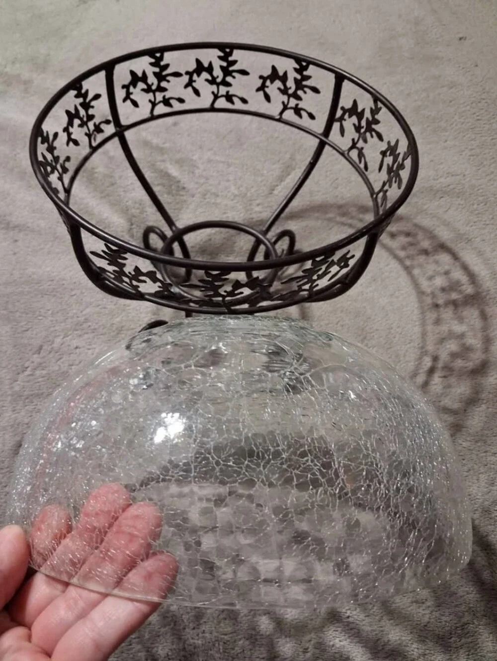Decorative Crackle Glass Fruit Bowl with Black Metal Stand Centerpiece